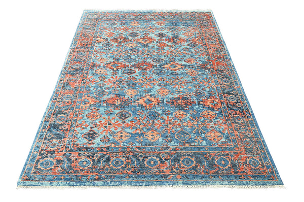 5x7 Blue, Burnt Orange, Peach Color Hand Knotted All-Over 100% Wool Traditional Oriental Rug