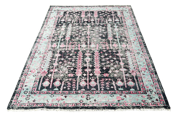 6x9 Black, Gray, Mint Color Hand Knotted All-Over 100% Wool Traditional Oriental Rug