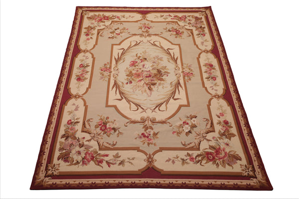 7x10 Ivory, Beige, Burgundy Color Hand Woven French Aubusson Needlepoint  Wool Traditional Oriental Rug