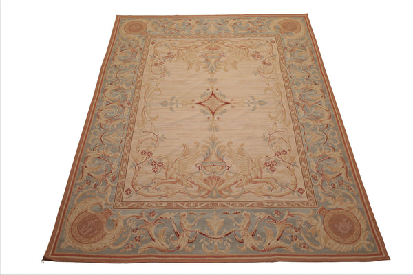 8x10 Beige, Slate, Rose Color Hand Woven French Aubusson Needlepoint  Wool Traditional Oriental Rug