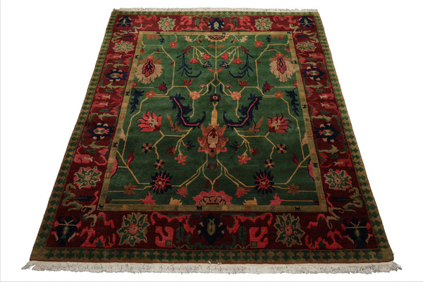 8x10 Green, Maroon, Lime Color Hand Knotted Tibetan Wool Arts & Crafts Oriental Rug