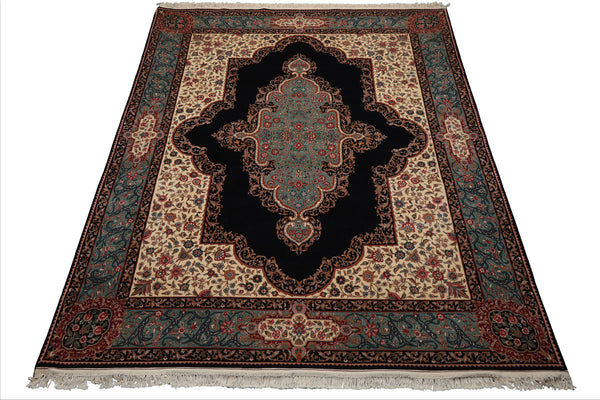 8x10 Midnight Blue, Ivory, Teal Color Hand Knotted Pak Persian Kerman Wool Traditional Oriental Rug