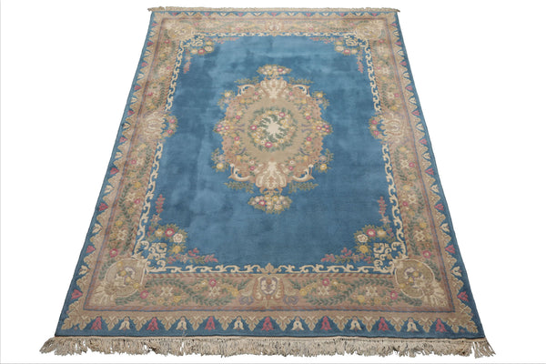 8x10 Baby Blue, Beige, Rose Color Hand Knotted French Aubusson Savonnerie Wool Traditional Oriental Rug