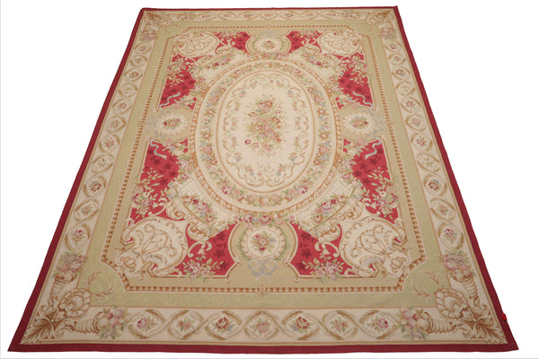 9x12 Crimson, Ivory, Mint Color Hand Woven French Aubusson Flatweave Wool Traditional Oriental Rug