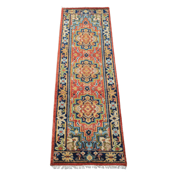 Runner Rose, Navy, Blue Color Hand Knotted Oushak Wool Traditional Oriental Rug