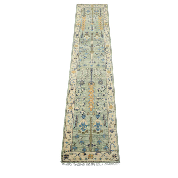 Runner Mint, Ivory, Gray Color Hand Knotted Oushak Wool Traditional Oriental Rug