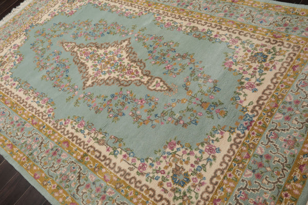 6x9 Aqua, Gold, Ivory Color Hand Knotted Kerman New Zealand Wool Traditional Oriental Rug