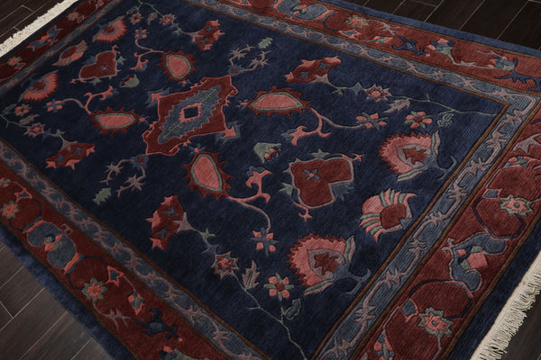 5x8 Navy, Rose, Blush Color Hand Knotted Tibetan New Zealand Wool Arts & Crafts Oriental Rug