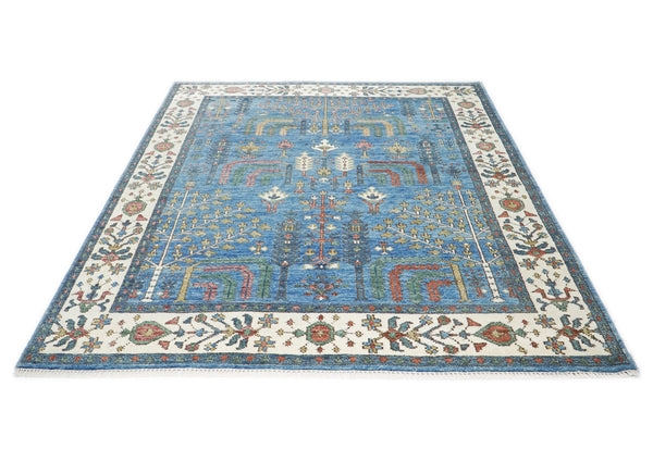 8x10 Blue, Ivory, Gold Color Hand Knotted Oushak Wool Transitional Oriental Rug