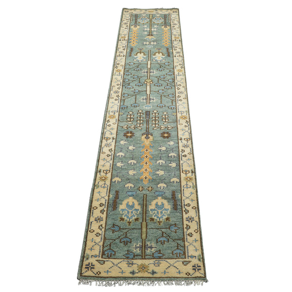Runner Celadon, Ivory, Brown Color Hand Knotted Oushak Wool Traditional Oriental Rug