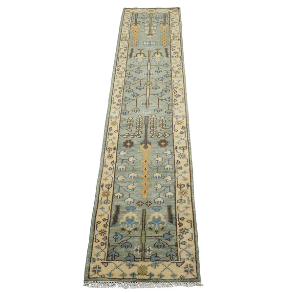 Runner Celadon, Ivory, Brown Color Hand Knotted Oushak Wool Traditional Oriental Rug