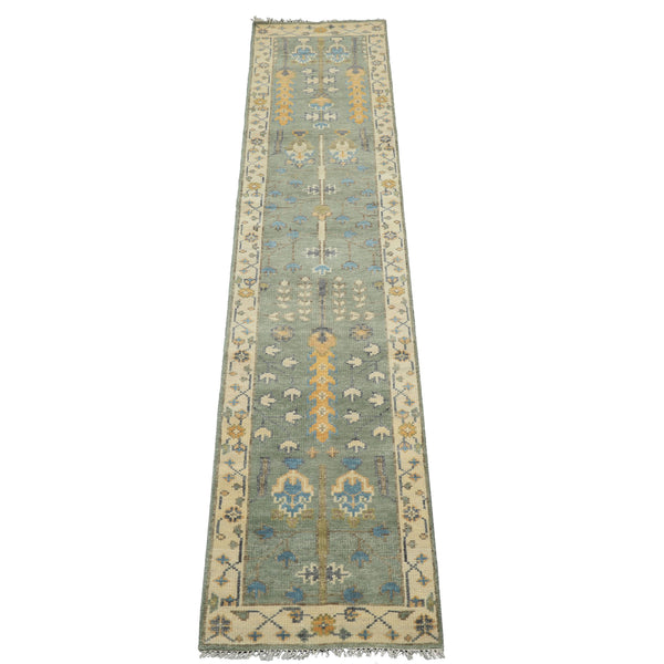 Runner Celadon, Ivory, Caramel Color Hand Knotted Oushak Wool Traditional Oriental Rug