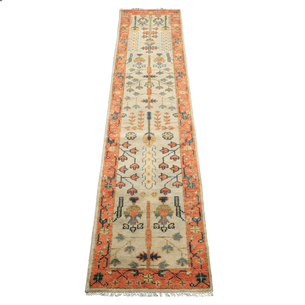 Runner Beige, Burnt Orange, Lime Color Hand Knotted Oushak Wool Traditional Oriental Rug