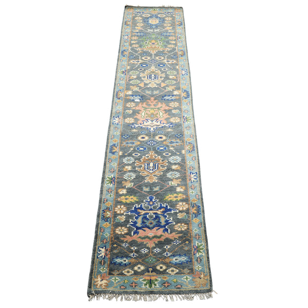 Runner Slate, Aqua, Navy Color Hand Knotted Oushak Wool Traditional Oriental Rug