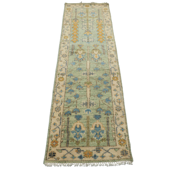 Runner Mint, Ivory, Gold Color Hand Knotted Oushak Wool Traditional Oriental Rug