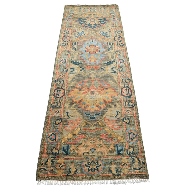 Runner Moss, Gold, Blush Color Hand Knotted Oushak Wool Traditional Oriental Rug