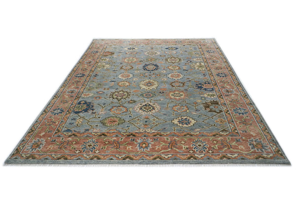 10x14 Blue, Peach, Lime Color Hand Knotted Oushak Wool Arts and Crafts Oriental Rug