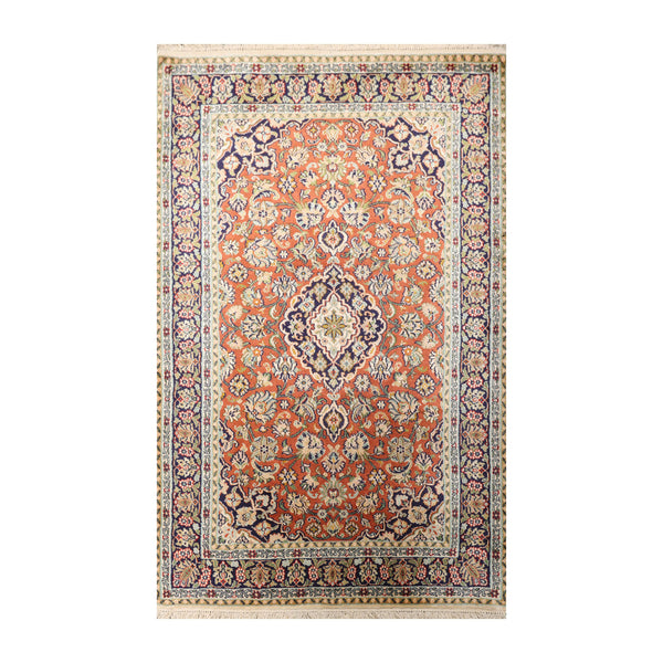 3x5 Hand-Knotted 100% Silk Conventional 350 KPSI Oriental Carpet in Burnt Orange and Navy Color Shades