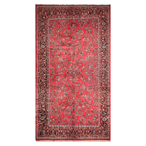 Oversize Coral, Black, Ivory Color Hand Knotted Medallion Wool Traditional Oriental Rug