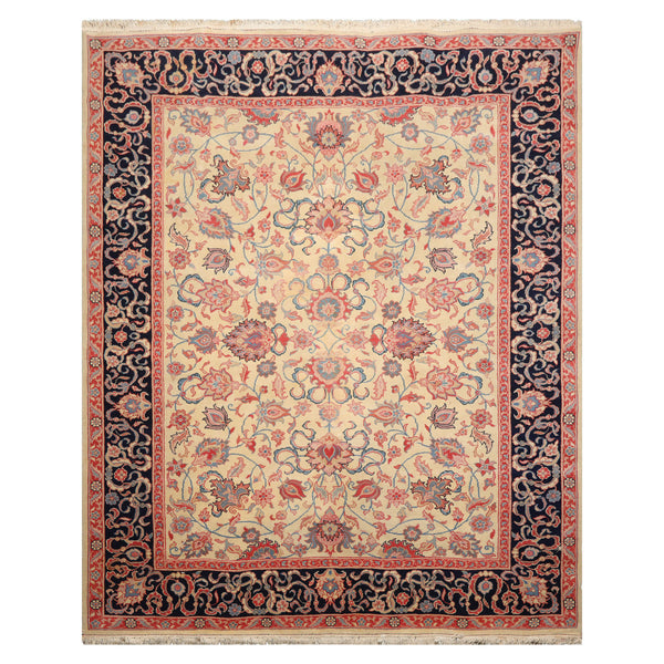 8x10 Ivory, Midnight Blue, Coral Color Hand Knotted Floral Wool Traditional Oriental Rug