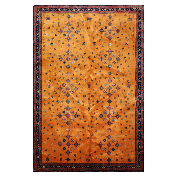 4x6 Gold, Rose, Green Color Hand Knotted Geometric Wool  Oriental Rug