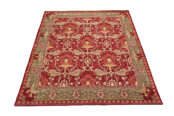 Runner Red, Sage, Tan Color Hand Tufted William Morris 100% Wool Arts & Crafts Oriental Rug