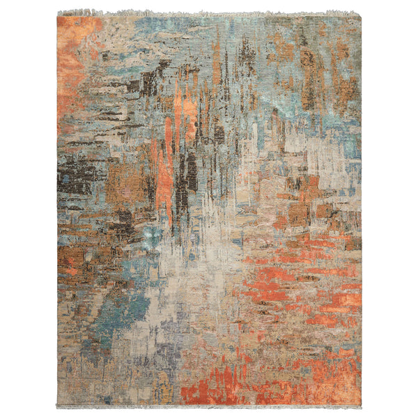 8x10 Beige, Coral, Aqua Color Hand Knotted Sherpa Wool and Silk Modern & Contemporary Oriental Rug