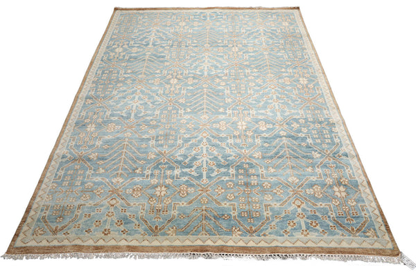 9x12 Aqua, Beige, Gray Color Hand Knotted All-Over 100% Wool Transitional Oriental Rug