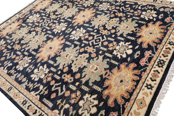 9x12 Navy, Beige, Mint Color Hand Knotted All-Over 100% Wool Transitional Oriental Rug