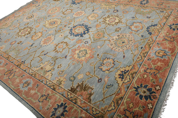 10x14 Blue, Peach, Light Gold Color Hand Knotted All-Over 100% Wool Traditional Oriental Rug