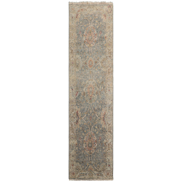 Hand-knotted Oushak runner area rug 2'6''x7'11'' in slate and beige — distressed wool hallway runner with Anatolian-inspired pattern for entryways and kitchens.
