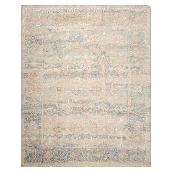 8x10 Hand-Knotted Distressed Wool and Silk Traditional Oriental Rug in Beige and Aqua