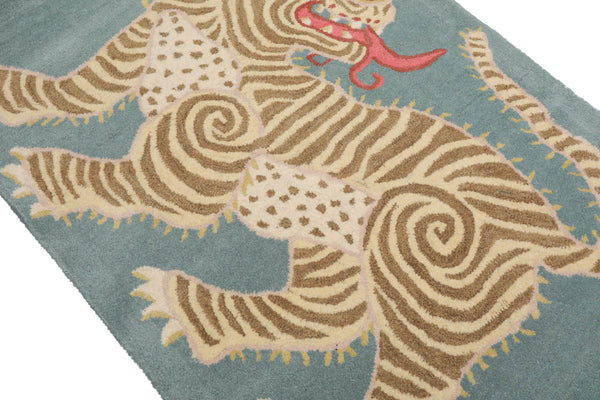 LoomBloom 3x5 Aqua, Beige Hand Tufted Hand Made 100% Wool Chinese Lion Novelty Oriental Area Rug