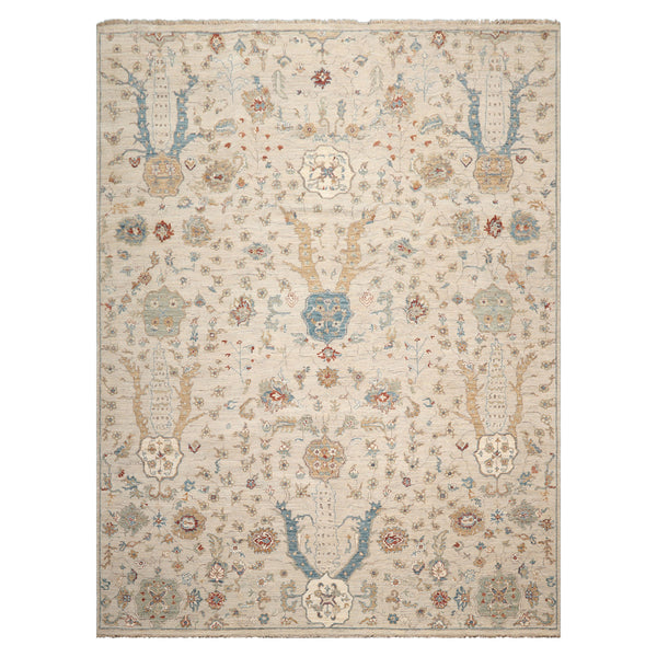 LoomBloom 9'x12' Beige Hand-Knotted Distressed Oushak Oriental Wool Area Rug in Muted Tones