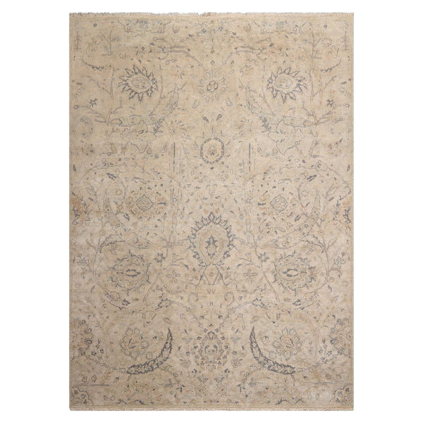 LoomBloom 10x14 Beige Hand-Knotted Distressed Traditional Wool Oriental Area Rug