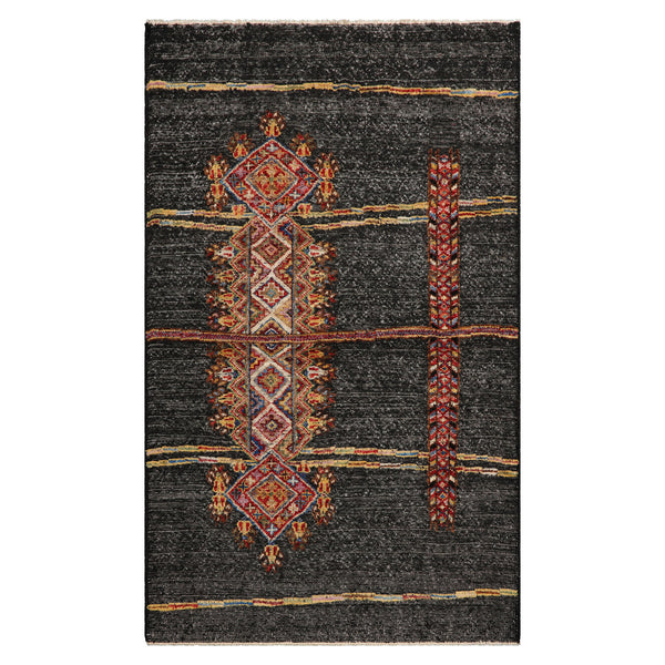 LoomBloom 3x5 Charcoal Red Artisan Hand-Knotted Afghan Moroccan Tribal Geometric Wool Oriental Oriental Rug
