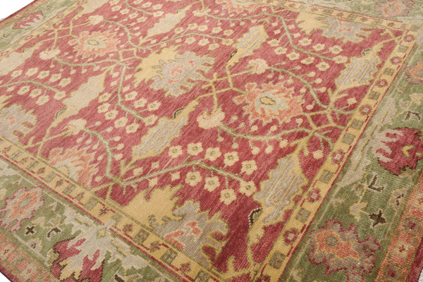 9x12 Raspberry, Green, Gold Color Hand Knotted All-Over 100% Wool Arts & Crafts Oriental Rug