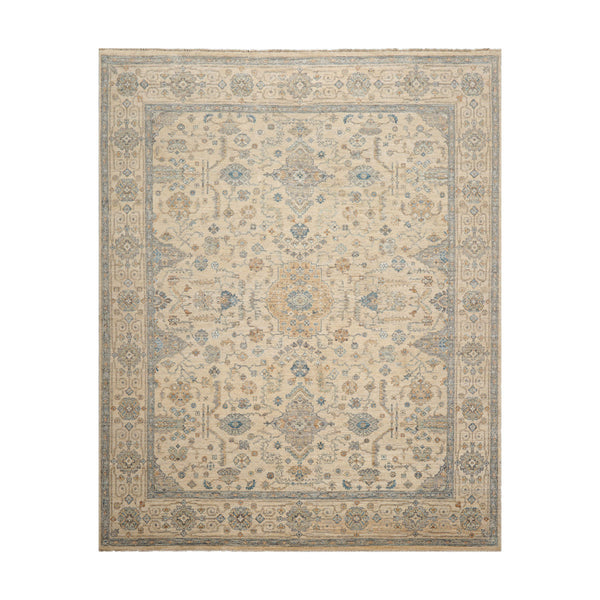 8x10 Beige, Gold, Aqua Color Hand Knotted Oushak Wool Traditional Oriental Rug