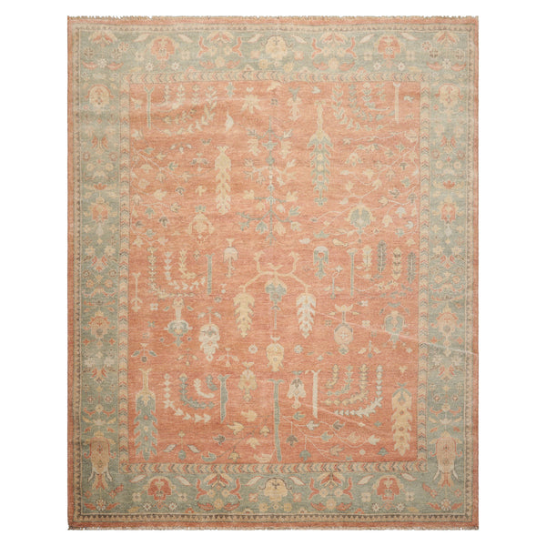 8x10 Orange, Sage, Gold Color Hand Knotted Distressed Wool Traditional Oriental Rug
