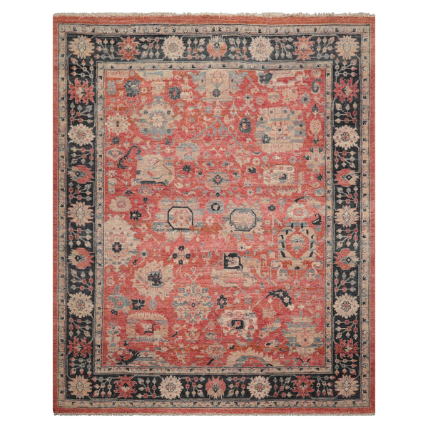 8x10 Coral, Charcoal, Beige Color Hand Knotted Distressed Wool Traditional Oriental Rug