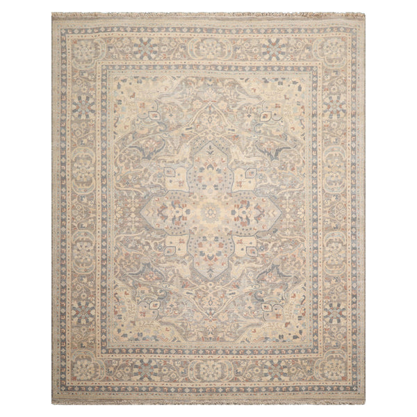 8x10 Khaki, Beige, Slate Color Hand Knotted Distressed Wool Traditional Oriental Rug