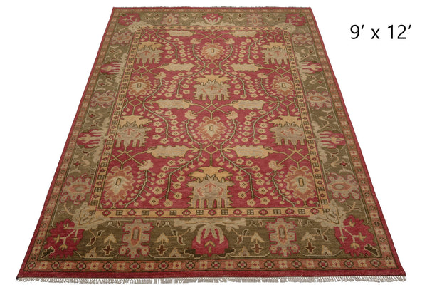 9x12 Raspberry, Sage, Peach Color Hand Knotted All-Over 100% Wool Traditional Oriental Rug