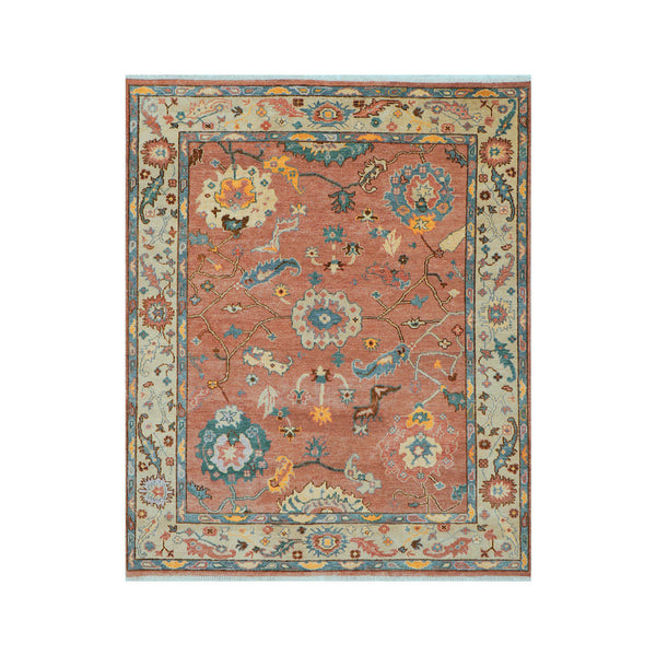 8x10 Rust, Mint, Gold Color Hand Knotted Oushak Wool Arts & Crafts Oriental Rug