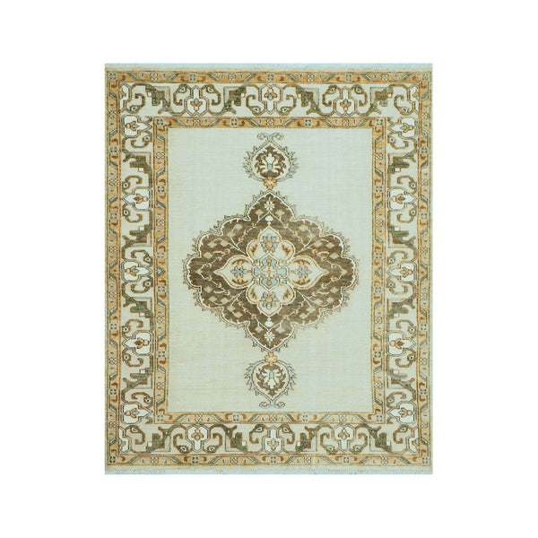 8x10 Beige, Green, Gold Color Hand Knotted Oushak Wool Medallion Oriental Rug