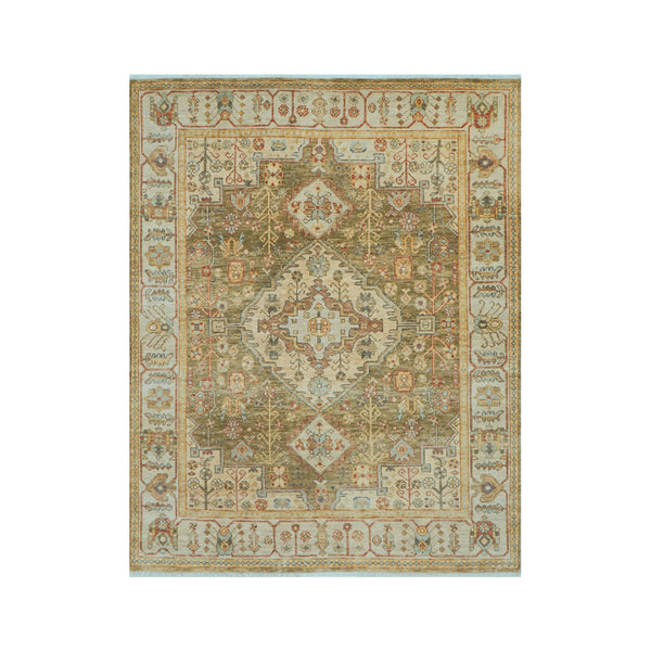 8x10 Green, Beige, Lime Color Hand Knotted Oushak Wool Traditional Oriental Rug
