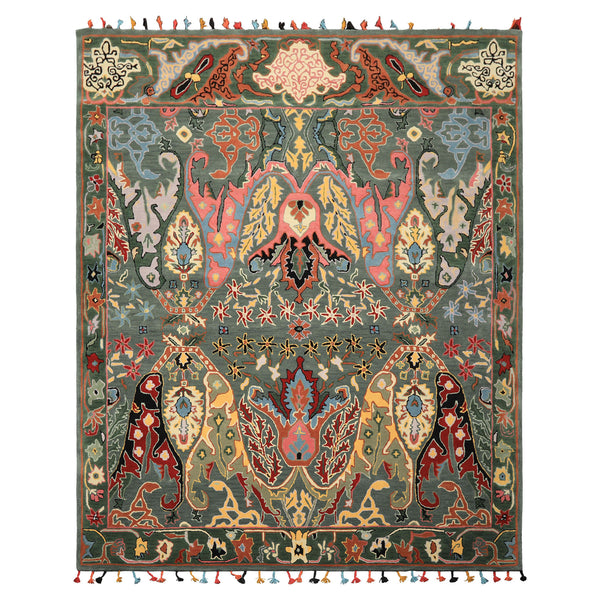 Multi Size Muted Teal Green Ivory Color Hand Tufted Handmade Boho Wool Arts & Crafts Oriental Rug