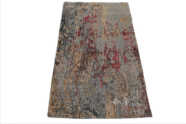 3x5 Gray, Blue, Coral Color Hand Knotted Tibetan Wool and Silk Modern & Contemporary Oriental Rug