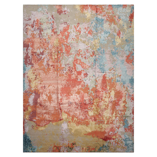 9x12 Teracotta, Peach, Aqua Color Hand Knotted Sherpa Wool and Silk Modern Oriental Rug