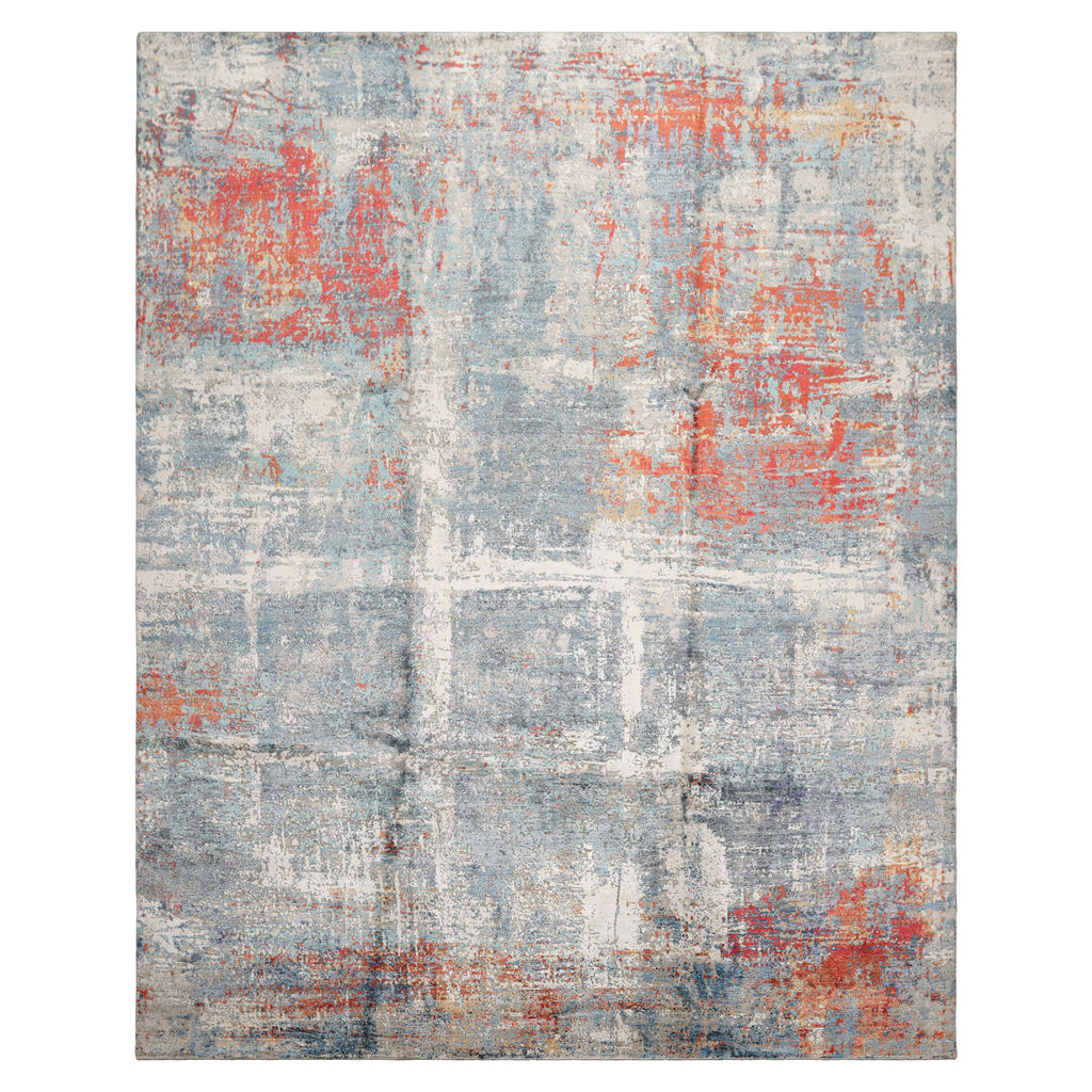 8x10 Ivory, Slate, Burnt Orange Color Hand Knotted Sherpa Wool and Silk Modern Oriental Rug