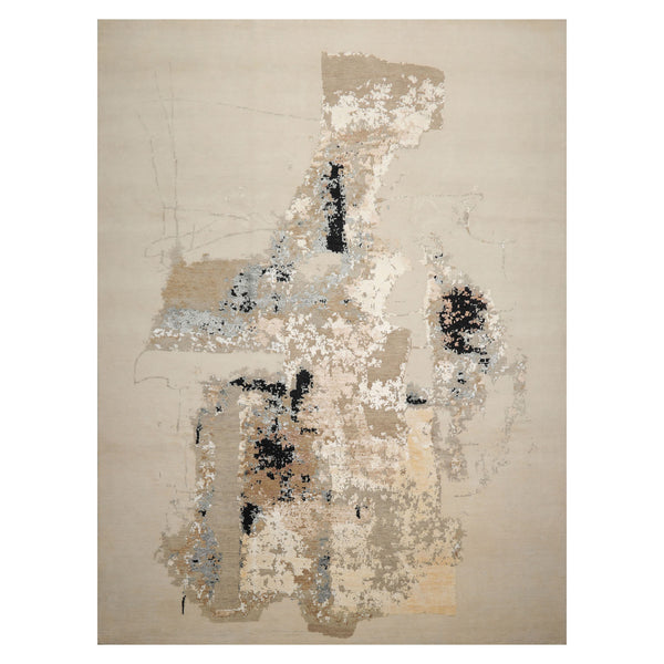 9x12 Ivory, Gray, Tan Color Hand Knotted Sherpa Wool and Silk Modern Oriental Rug